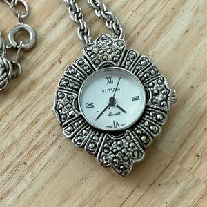 Vintage style Futura ladies silver tone marcasite pendant watch necklace